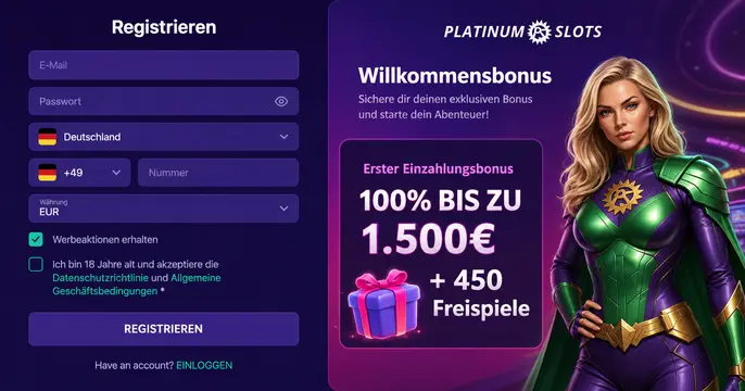 Registrierungsformular und Login-Bereich im Platin Casino
